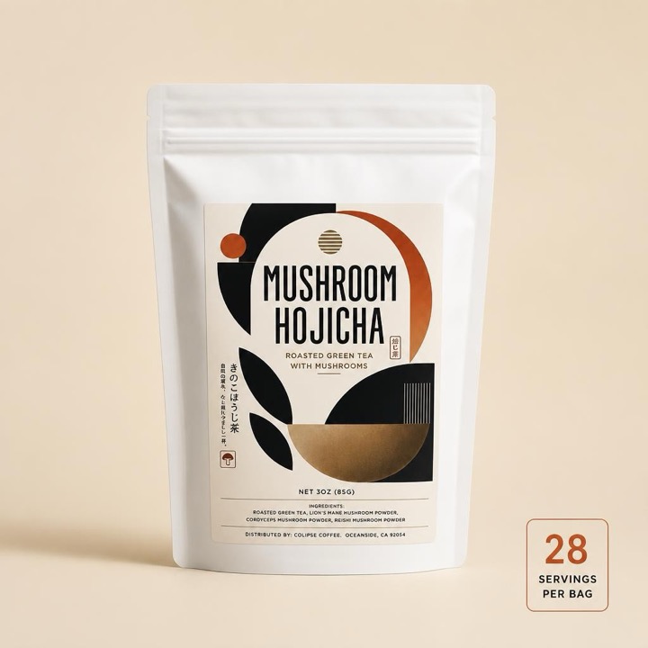 Mushroom hojicha bag, 28 servings per bag