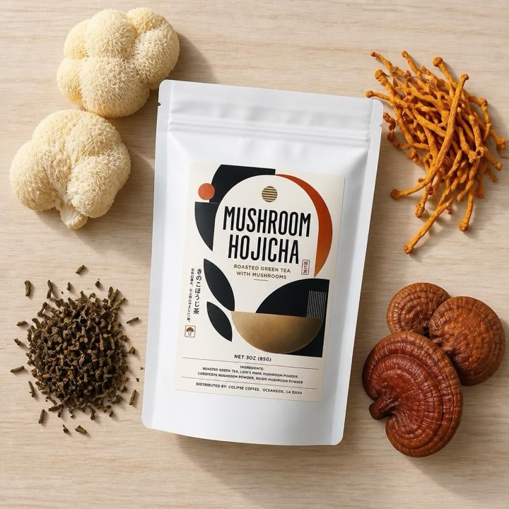Mushroom hojicha bag with Lion's Mane, Cordyceps, and Reishi mushrooms and roasted tea leaves