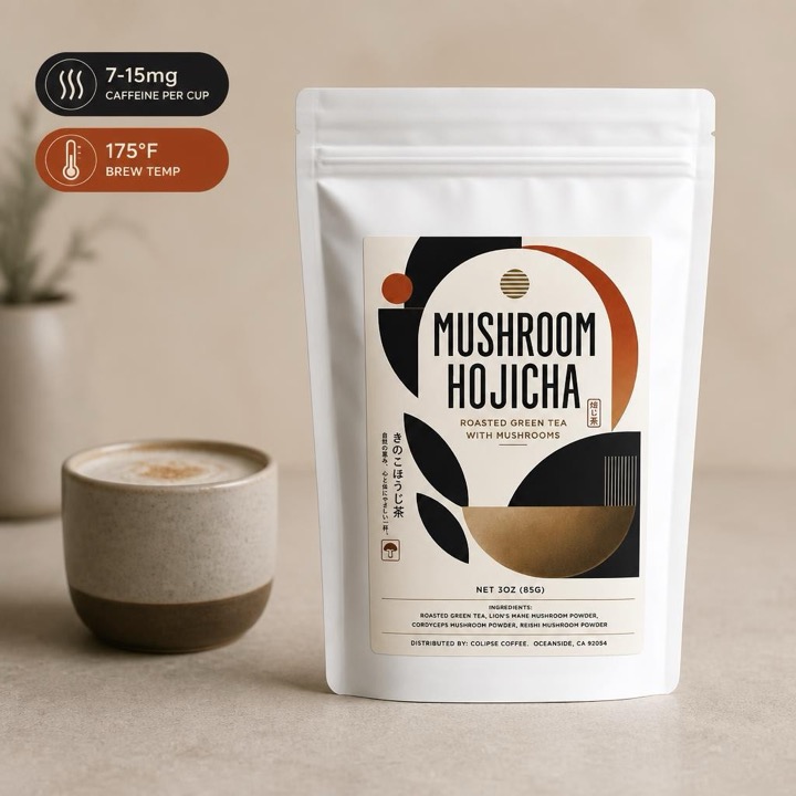 Mushroom hojicha bag with 7-15mg caffeine per cup and 175°F brew temperature