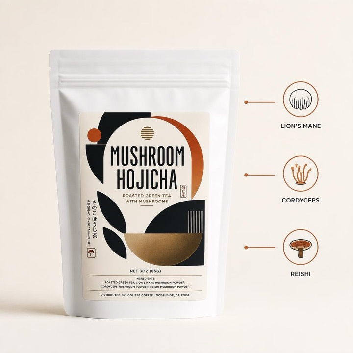 Mushroom hojicha bag with Lion's Mane, Cordyceps, and Reishi ingredient callouts