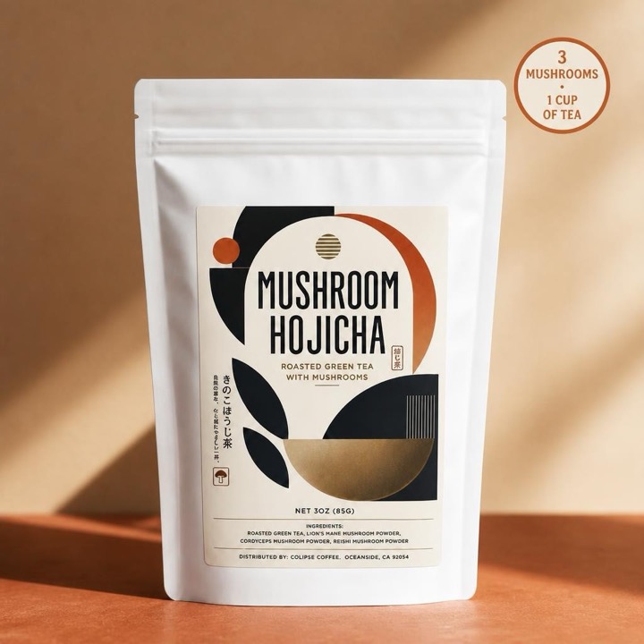 Mushroom hojicha bag, 3 mushrooms in 1 cup of tea