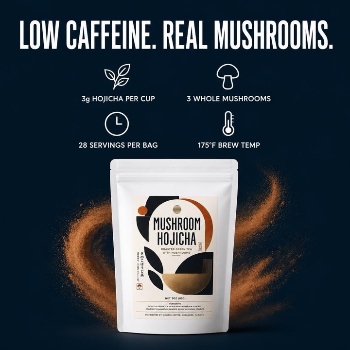 Mushroom hojicha bag with low caffeine, 3 whole mushrooms, 28 servings, and 175°F brew temp callouts