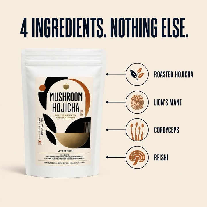 Mushroom hojicha bag with 4-ingredient breakdown: roasted hojicha, Lion's Mane, Cordyceps, and Reishi